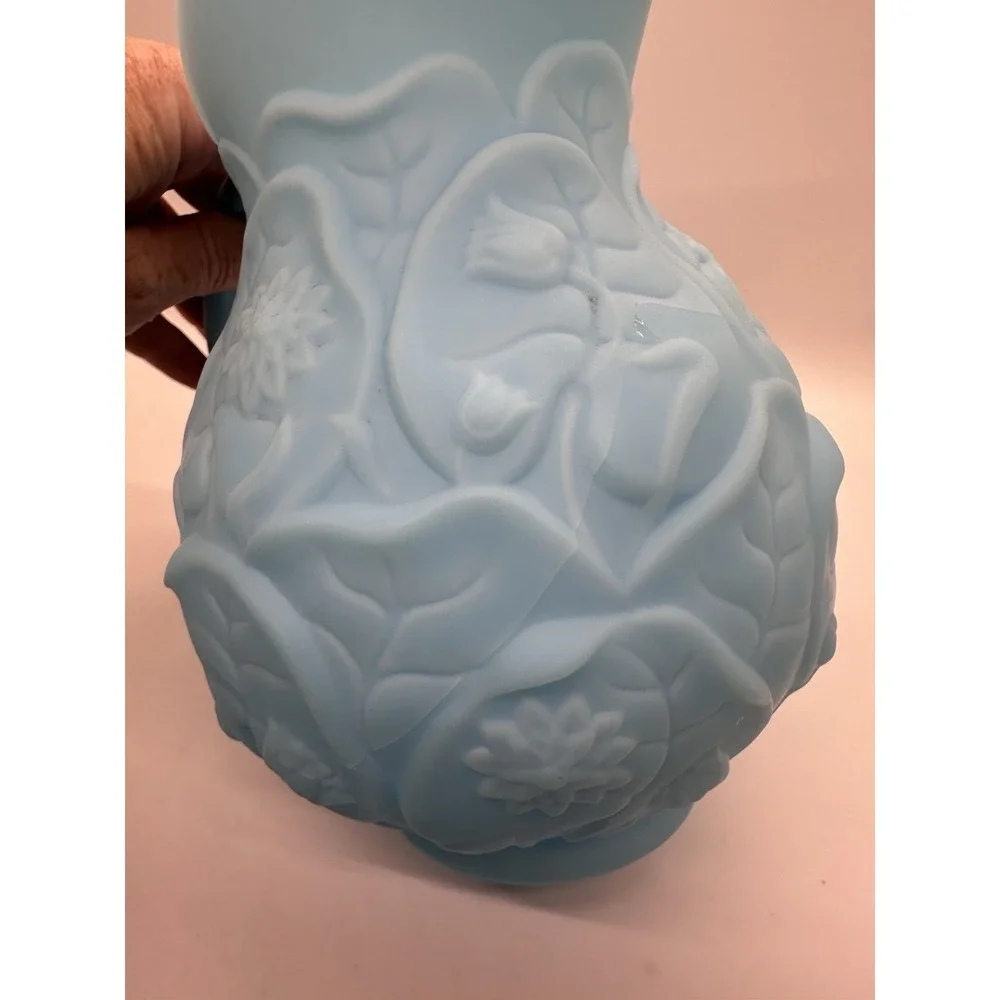 Vintage Fenton Blue‎ Satin Glass Water Lily Pattern Pitcher